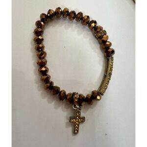 Gold Catholic Rosary Style Stretch Bracelet w/Rhinestone Cross Jewelry Amber Gld